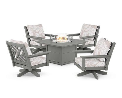 POLYWOOD® Chippendale 5-Piece Deep Seating Swivel Conversation Set with Fire Pit Table in Slate Grey / Leaf Dune Burlap