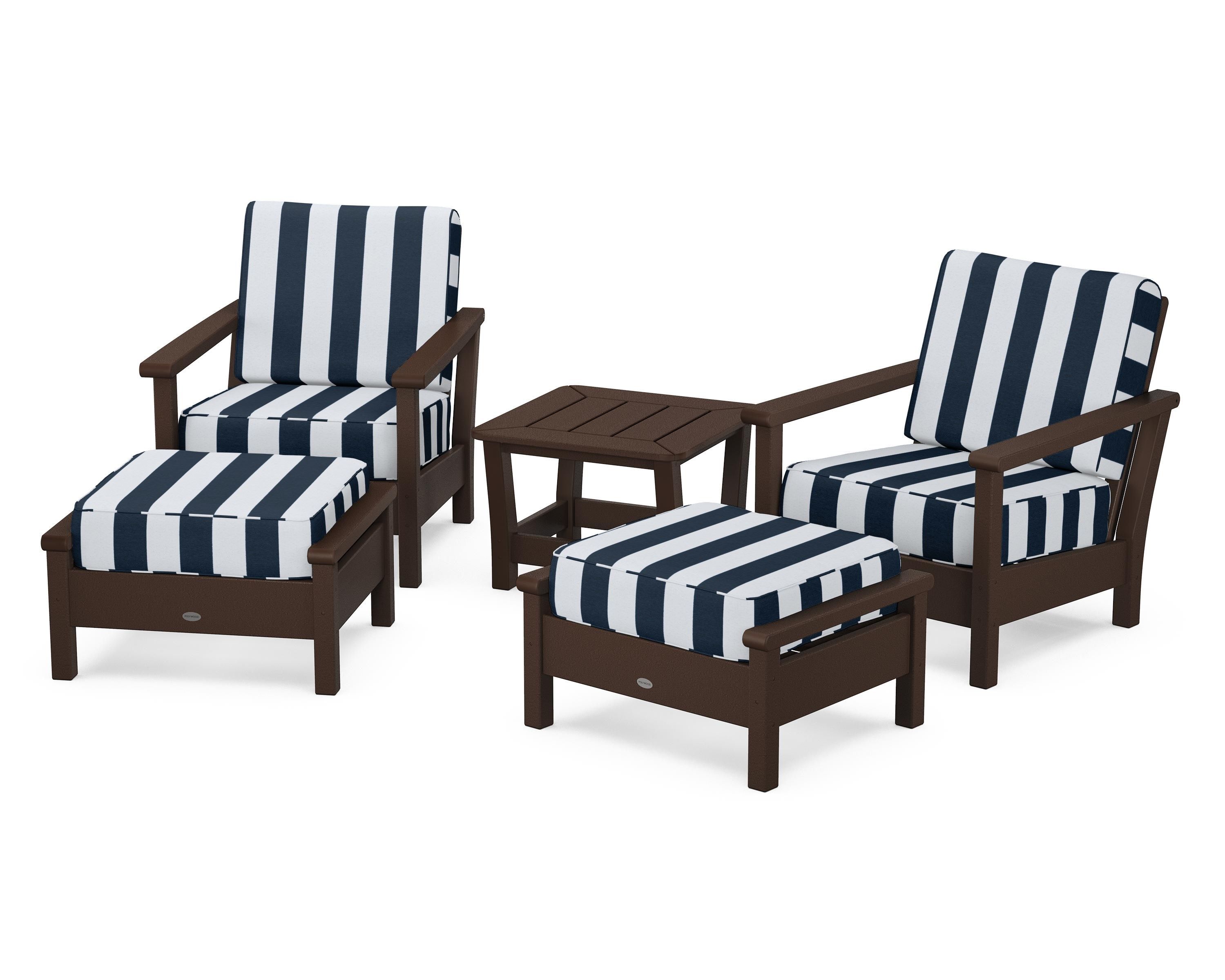 POLYWOOD® Harbour 5-Piece Deep Seating Chair Set in Mahogany / Cabana Stripe Marine Indigo