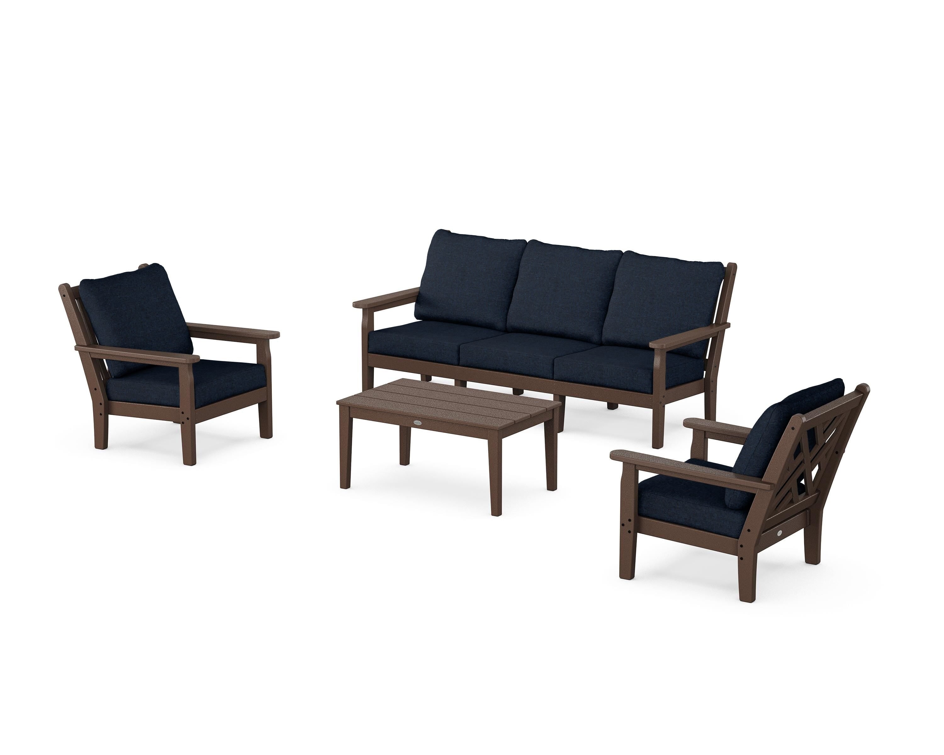 POLYWOOD® Chippendale 4-Piece Deep Seating Set with Sofa in Mahogany / Marine Indigo