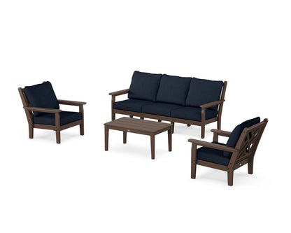 POLYWOOD® Chippendale 4-Piece Deep Seating Set with Sofa in Mahogany / Marine Indigo
