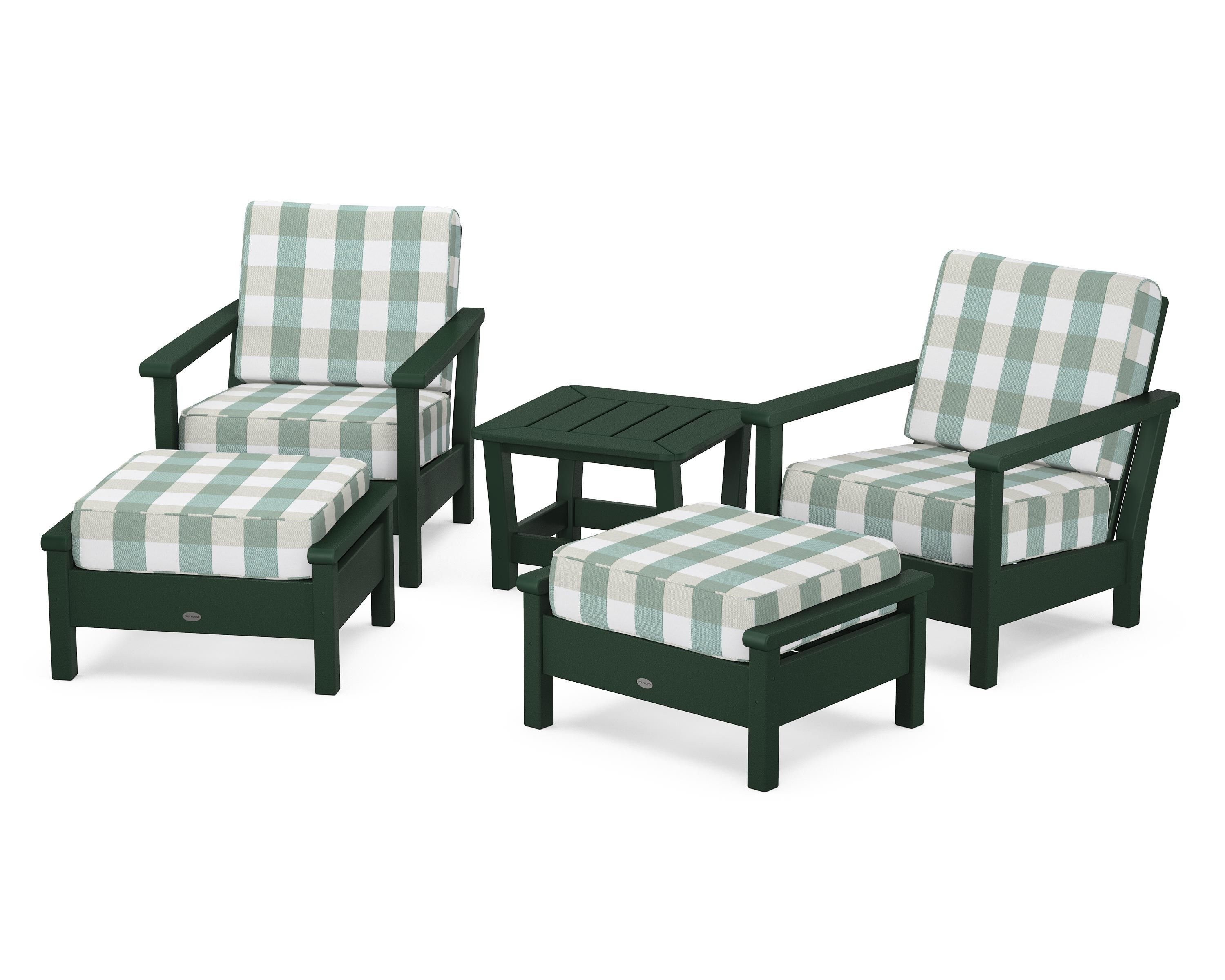 POLYWOOD® Harbour 5-Piece Deep Seating Chair Set in Green / Buffalo Plaid Glacier Spa