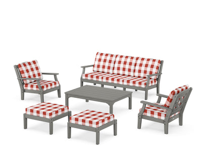 Martha Stewart by POLYWOOD® Chinoiserie 6-Piece Lounge Sofa Set in Slate Grey / Buffalo Plaid Crimson