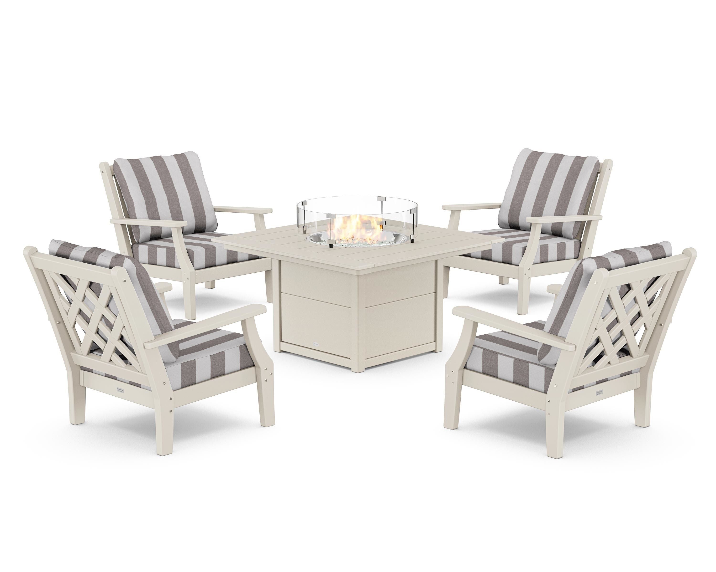 Country Living Wovendale 5-Piece Deep Seating Set with Fire Pit Table in Sand / Cabana Stripe Grey Mist
