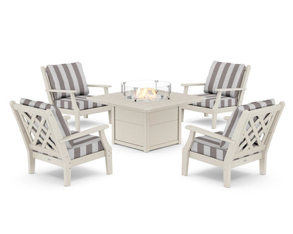 Country Living Wovendale 5-Piece Deep Seating Set with Fire Pit Table in Sand / Cabana Stripe Grey Mist