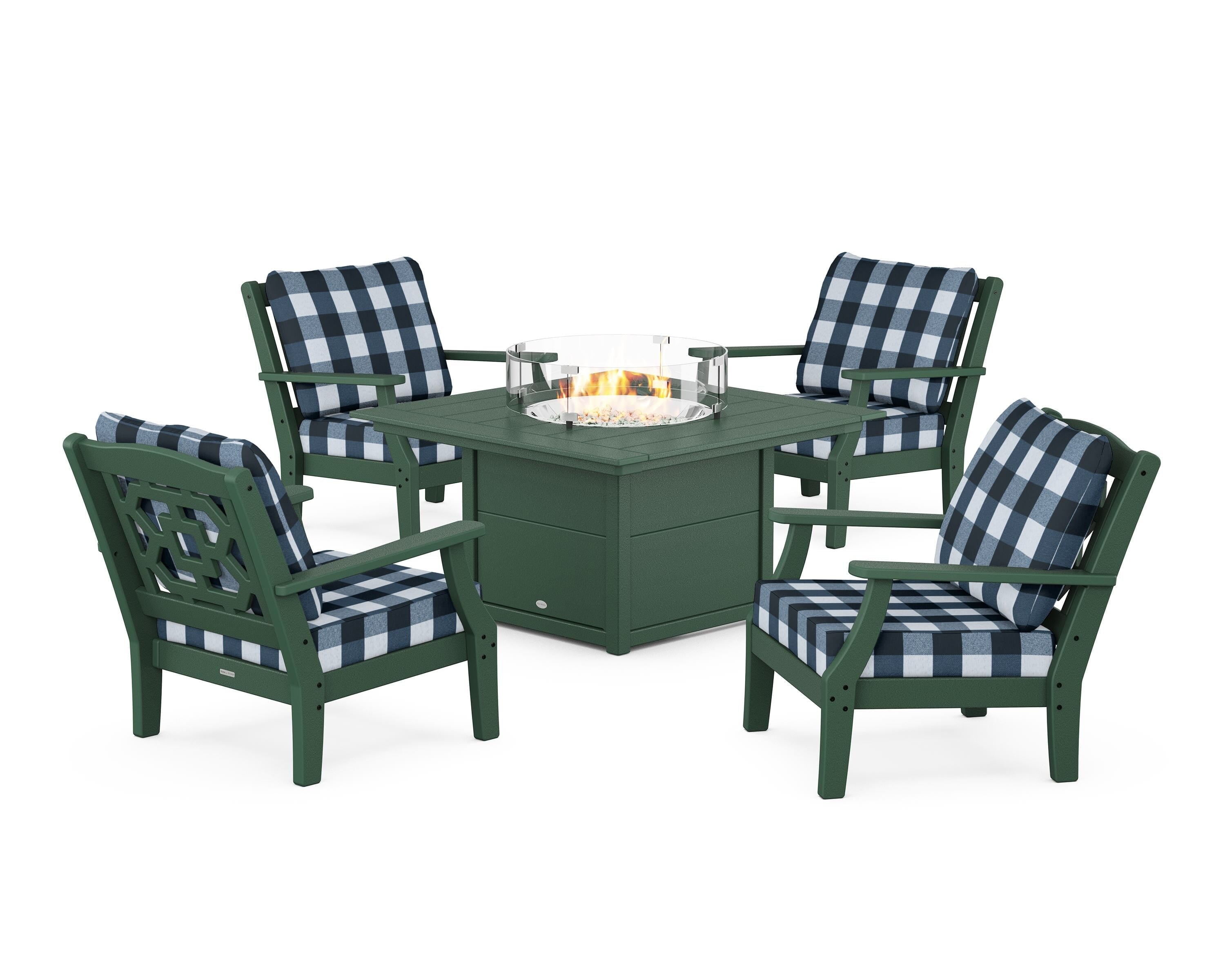 Martha Stewart by POLYWOOD® Chinoiserie 5-Piece Deep Seating Set with Fire Pit Table in Green / Buffalo Plaid Marine Indigo