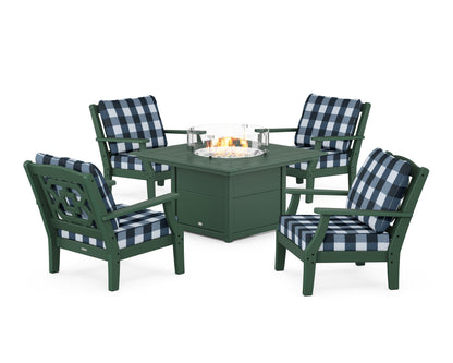 Martha Stewart by POLYWOOD® Chinoiserie 5-Piece Deep Seating Set with Fire Pit Table in Green / Buffalo Plaid Marine Indigo