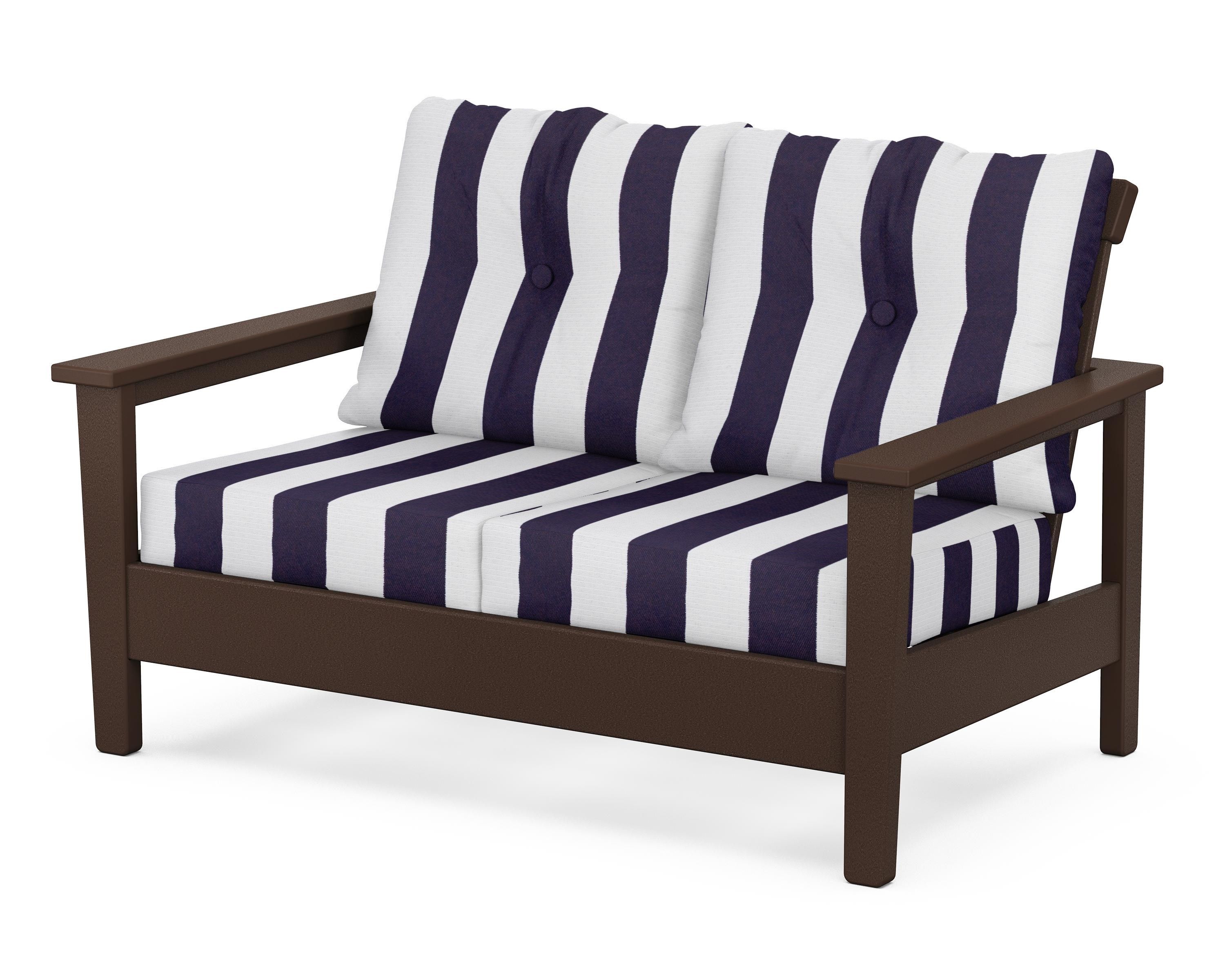 POLYWOOD® Prescott Deep Seating Loveseat in Mahogany / Cabana Stripe Navy