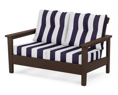 POLYWOOD® Prescott Deep Seating Loveseat in Mahogany / Cabana Stripe Navy