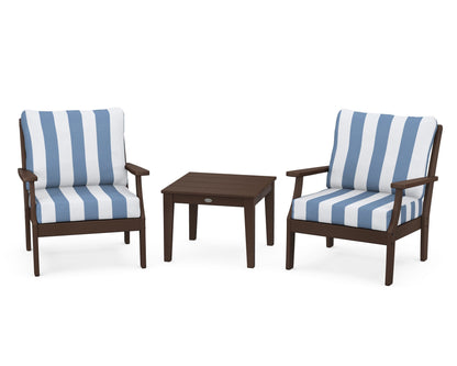 POLYWOOD® Braxton 3-Piece Deep Seating Set in Mahogany / Cabana Stripe Sky Blue