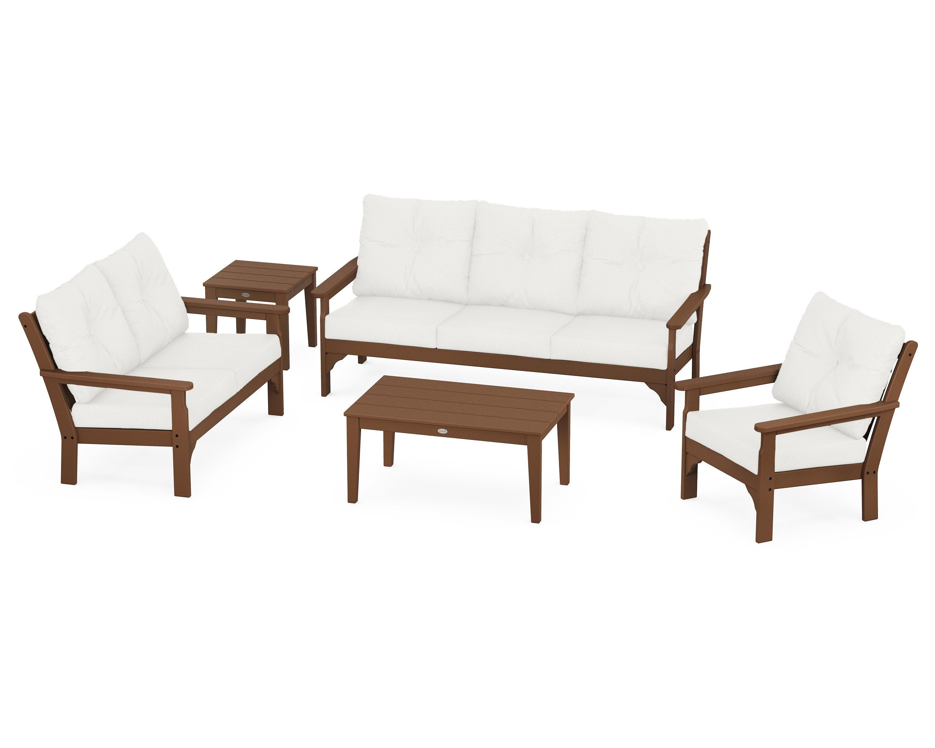 POLYWOOD® Vineyard 5 Piece Deep Seating Set in Teak / Natural Linen