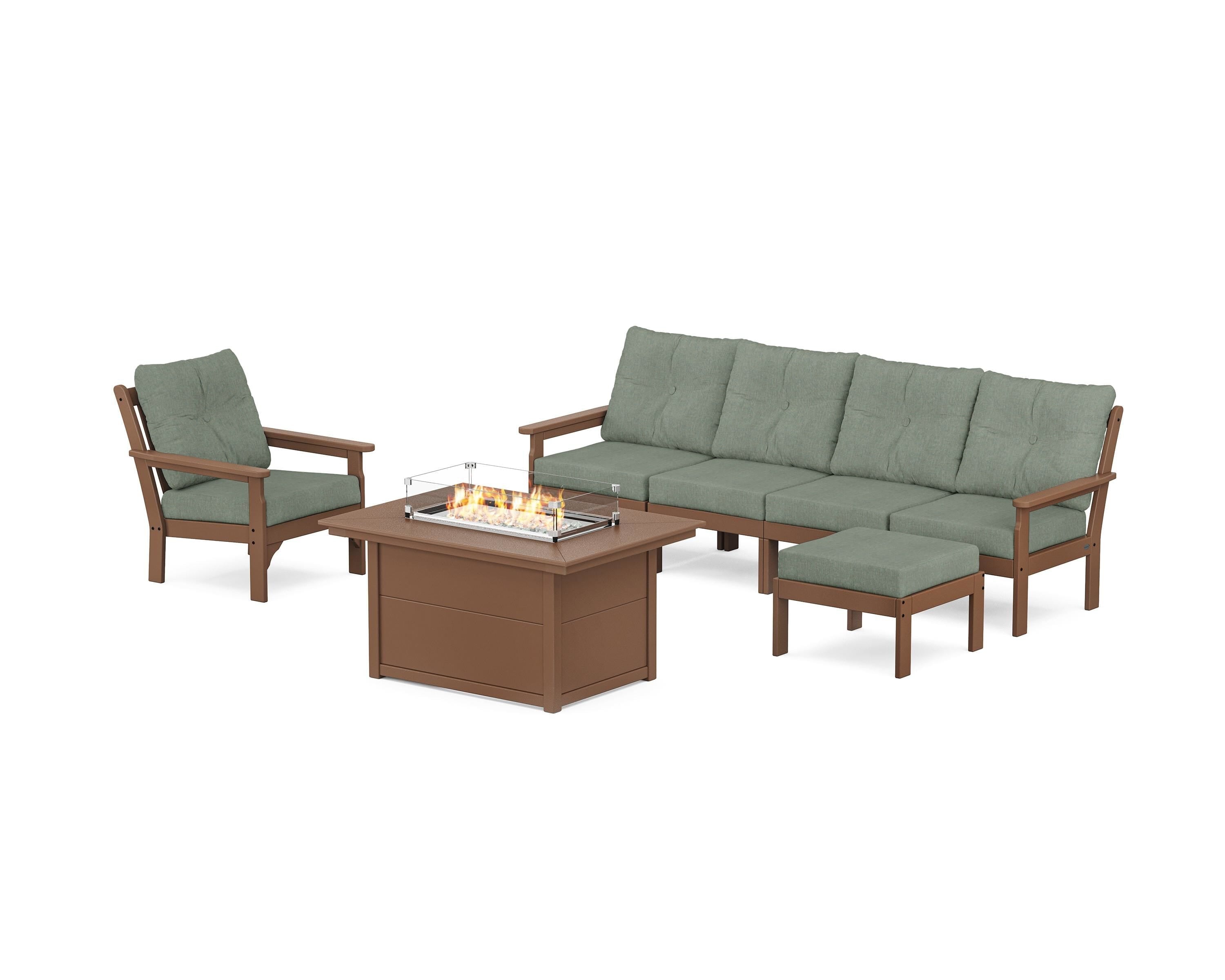 POLYWOOD® Vineyard Sectional Lounge and Fire Pit Set in Teak / Cast Sage