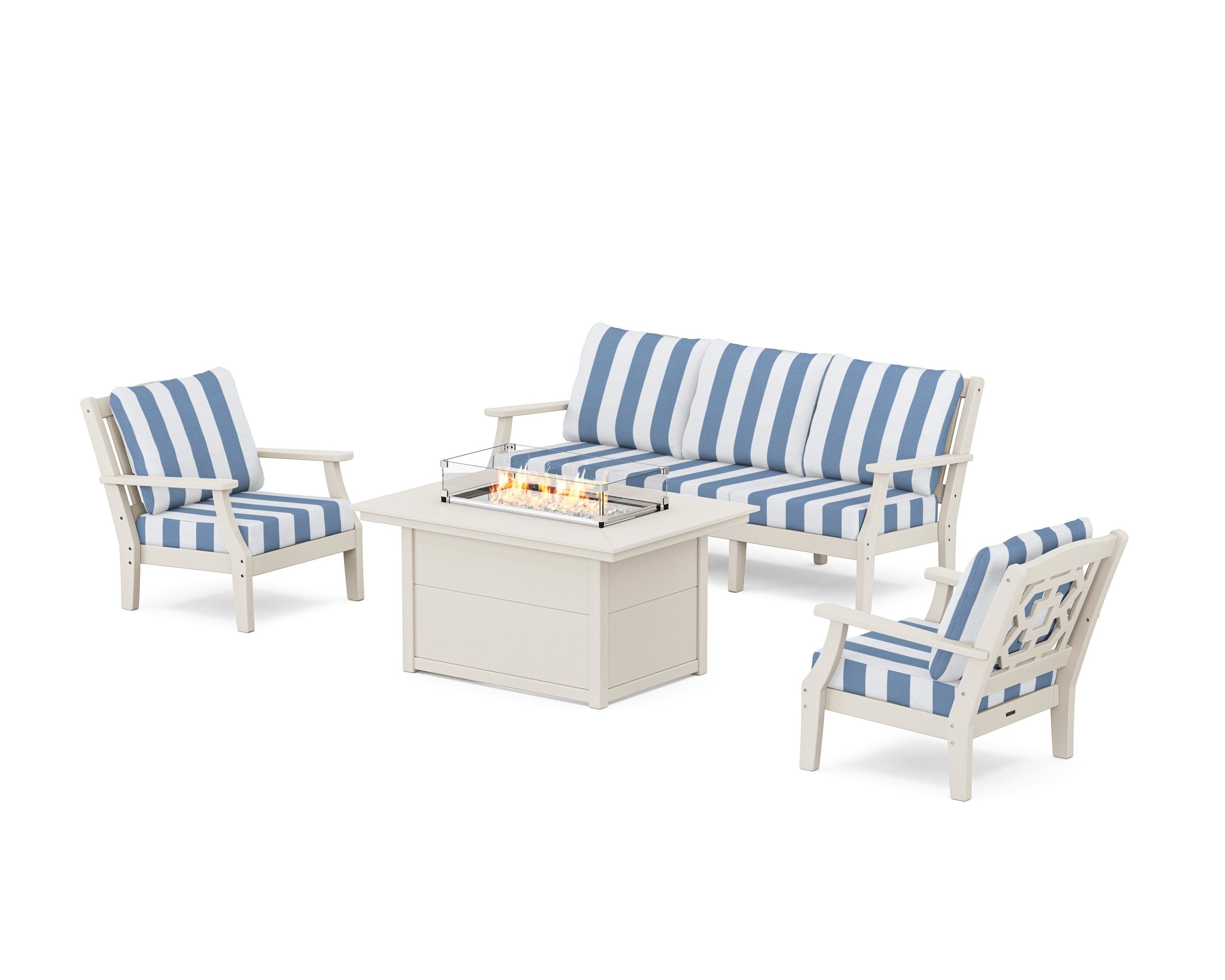 Martha Stewart by POLYWOOD® Chinoiserie Deep Seating Fire Pit Table Set in Sand / Cabana Stripe Sky Blue