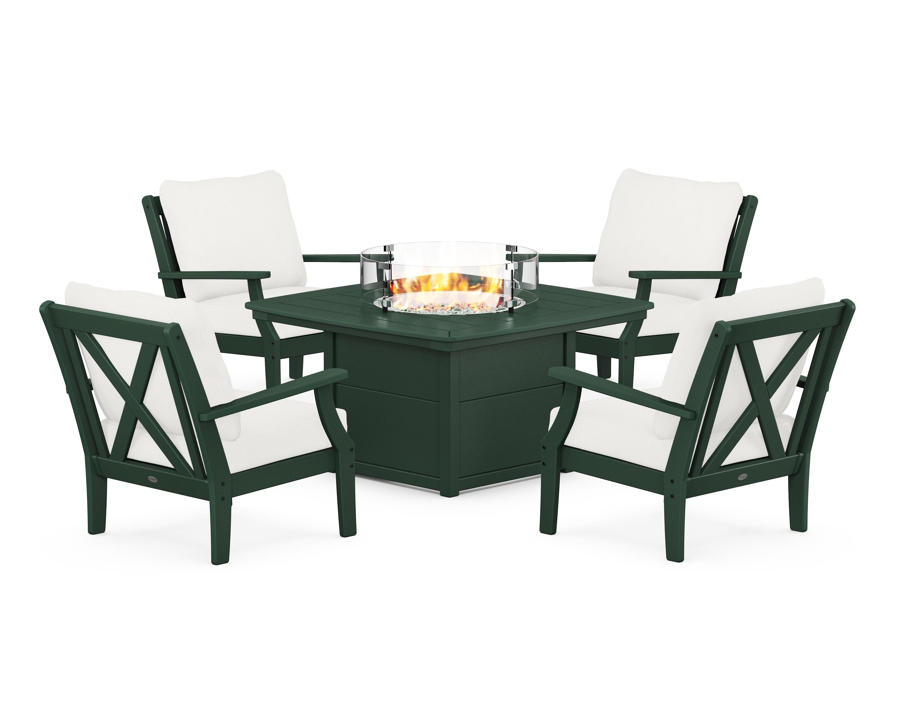 POLYWOOD® Braxton 5-Piece Deep Seating Conversation Set with Fire Pit Table in Green / Natural Linen