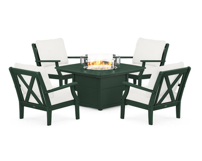 POLYWOOD® Braxton 5-Piece Deep Seating Conversation Set with Fire Pit Table in Green / Natural Linen