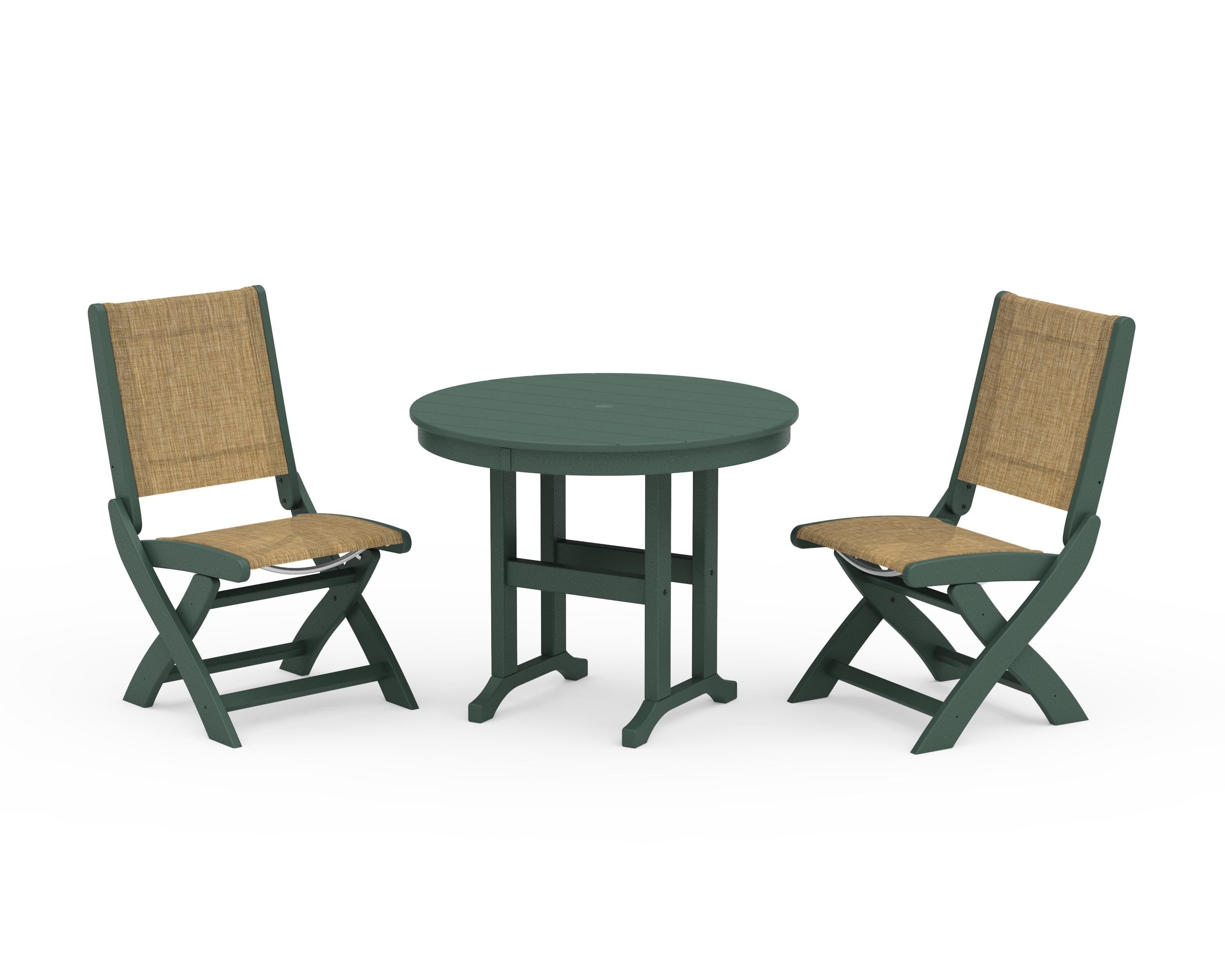 POLYWOOD® Coastal Folding Side Chair 3-Piece Round Dining Set in Green / Burlap Sling
