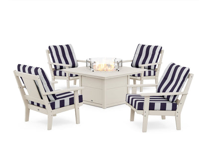 POLYWOOD® Prairie 5-Piece Deep Seating Set with Fire Pit Table in Sand / Cabana Stripe Navy