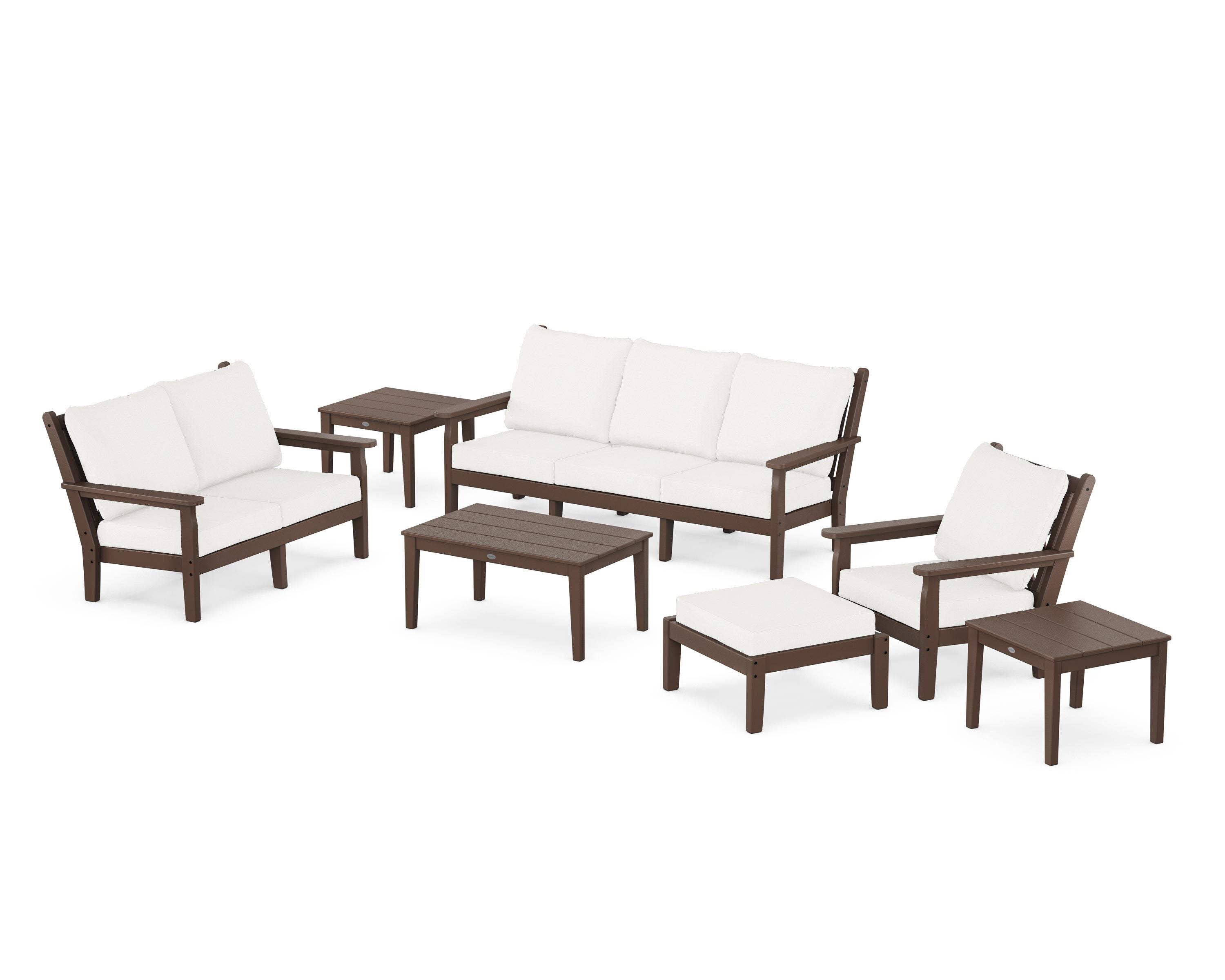 POLYWOOD® Chippendale 7-Piece Deep Seating Set in Mahogany / Natural Linen
