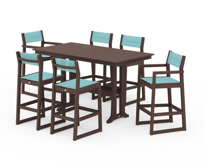 POLYWOOD® EDGE Sling 7-Piece Farmhouse Bar Set with Trestle Legs in Mahogany / Dupioni Aquamarine Sling