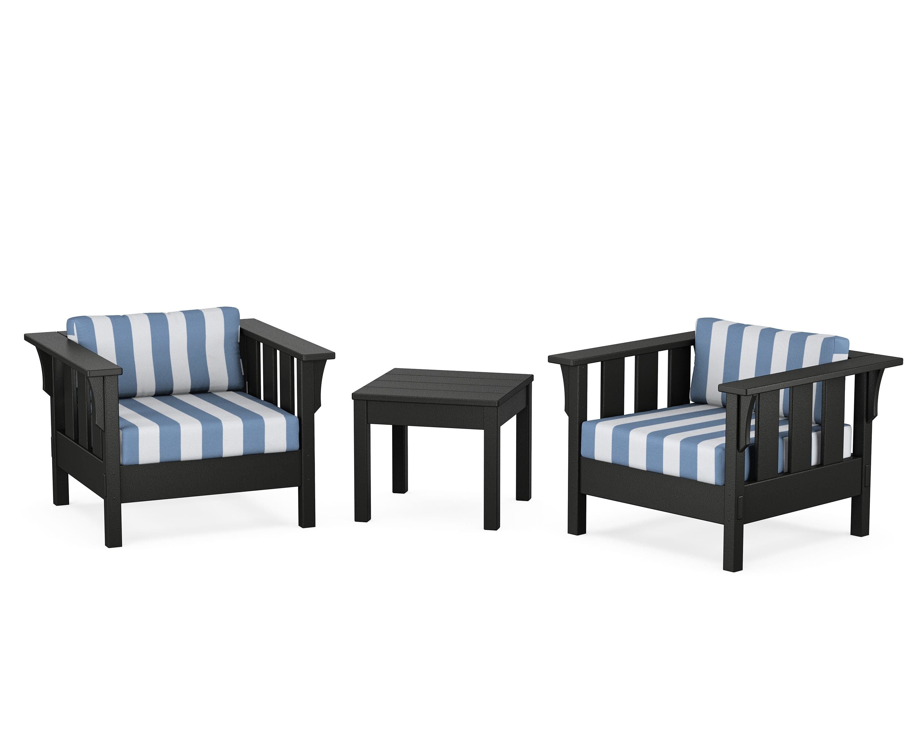 Martha Stewart by POLYWOOD® Acadia 3-Piece Deep Seating Set in Black / Cabana Stripe Sky Blue
