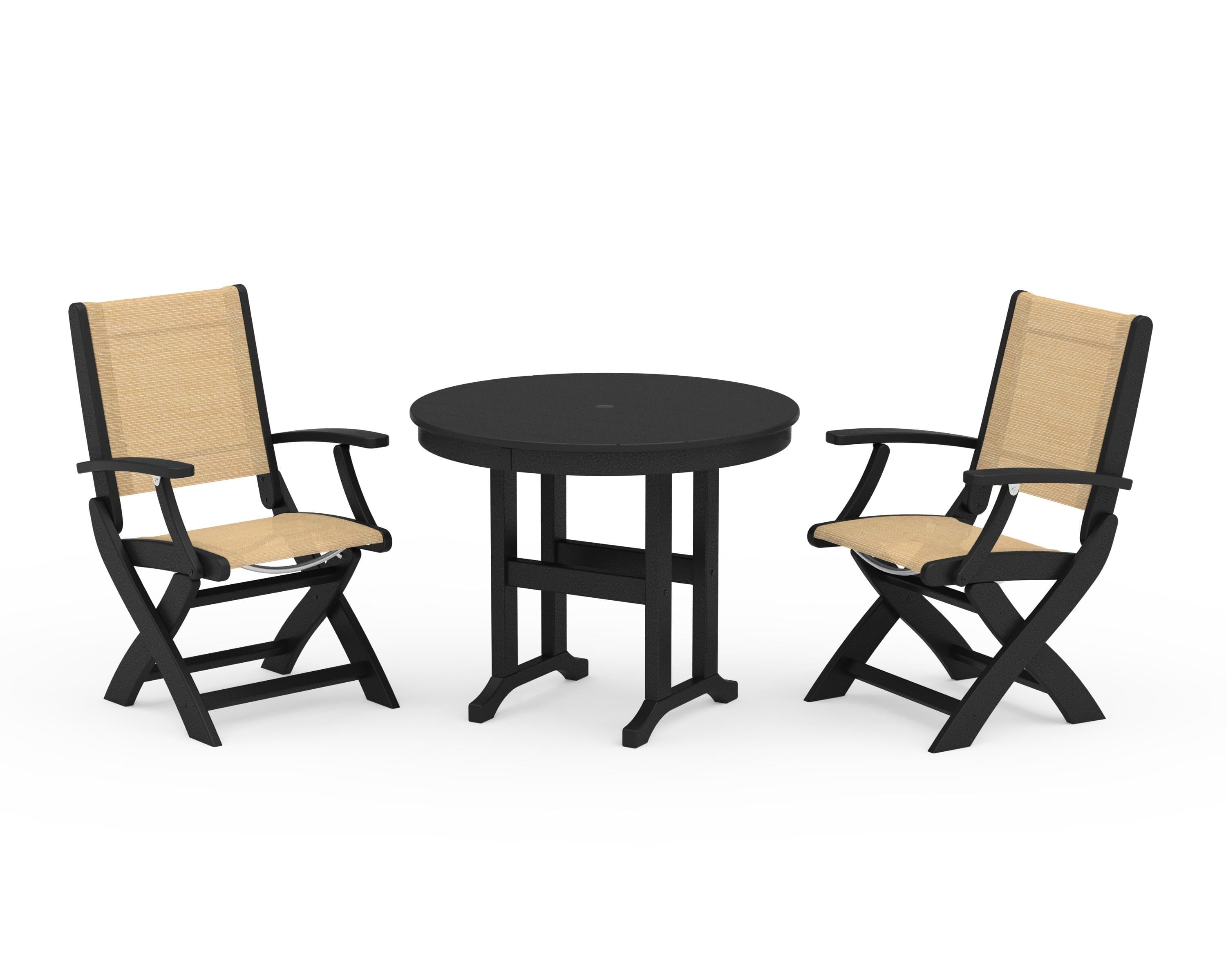 POLYWOOD® Coastal Folding Chair 3-Piece Round Dining Set in Black / Dupioni Apricot Sling