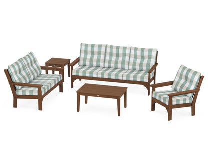 POLYWOOD® Vineyard 5 Piece Deep Seating Set in Teak / Buffalo Plaid Glacier Spa