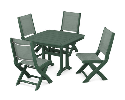 POLYWOOD® Coastal Folding Side Chair 5-Piece Dining Set with Trestle Legs in Green / Dupioni Sea Mist Sling