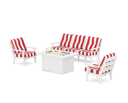 POLYWOOD® Lakeside Deep Seating Fire Pit Table Set in White / Cabana Stripe Crimson