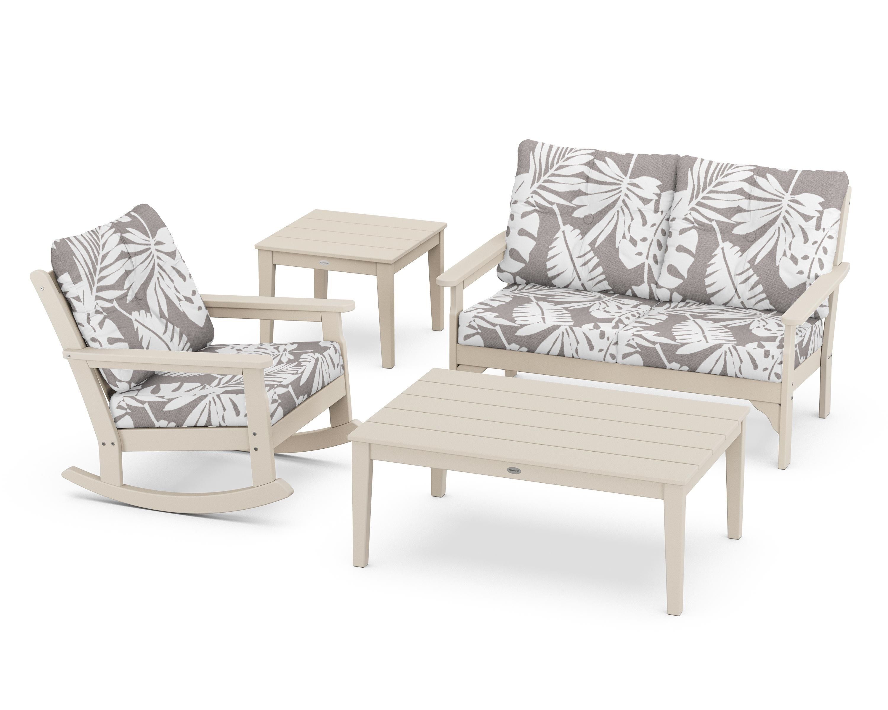 POLYWOOD® Vineyard 4-Piece Deep Seating Rocker Set in Sand / Leaf Grey Mist