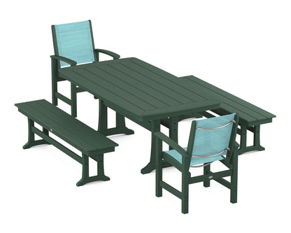 POLYWOOD® Coastal 5-Piece Dining Set with Trestle Legs and Benches in Green / Dupioni Aquamarine Sling