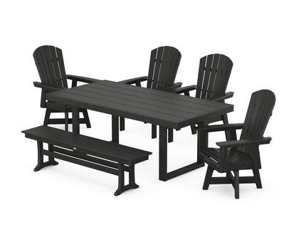 POLYWOOD® Nautical Curveback Adirondack Swivel Chair 6-Piece Dining Set with Bench in Black