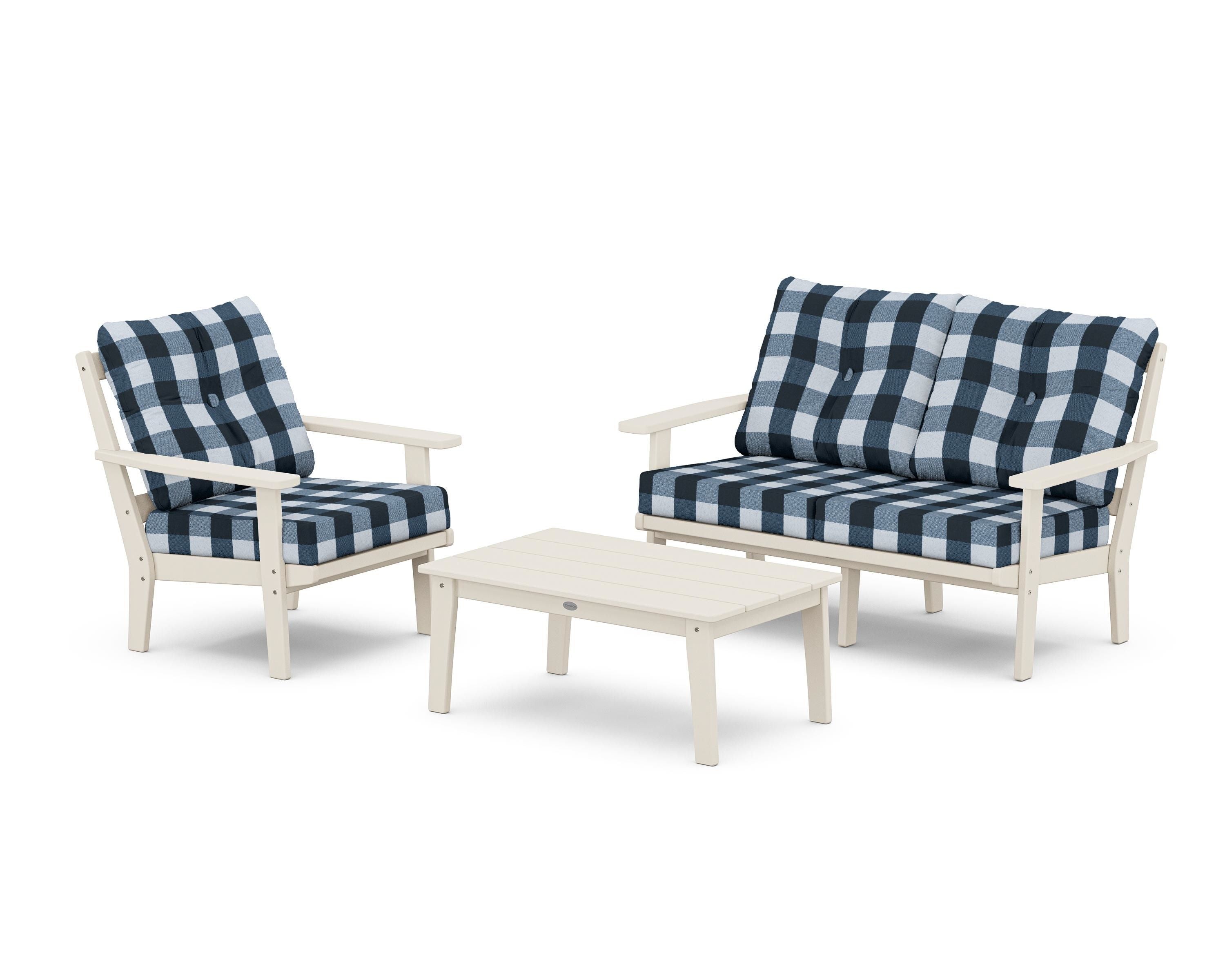POLYWOOD® Oxford 3-Piece Deep Seating Set with Loveseat in Sand / Buffalo Plaid Marine Indigo