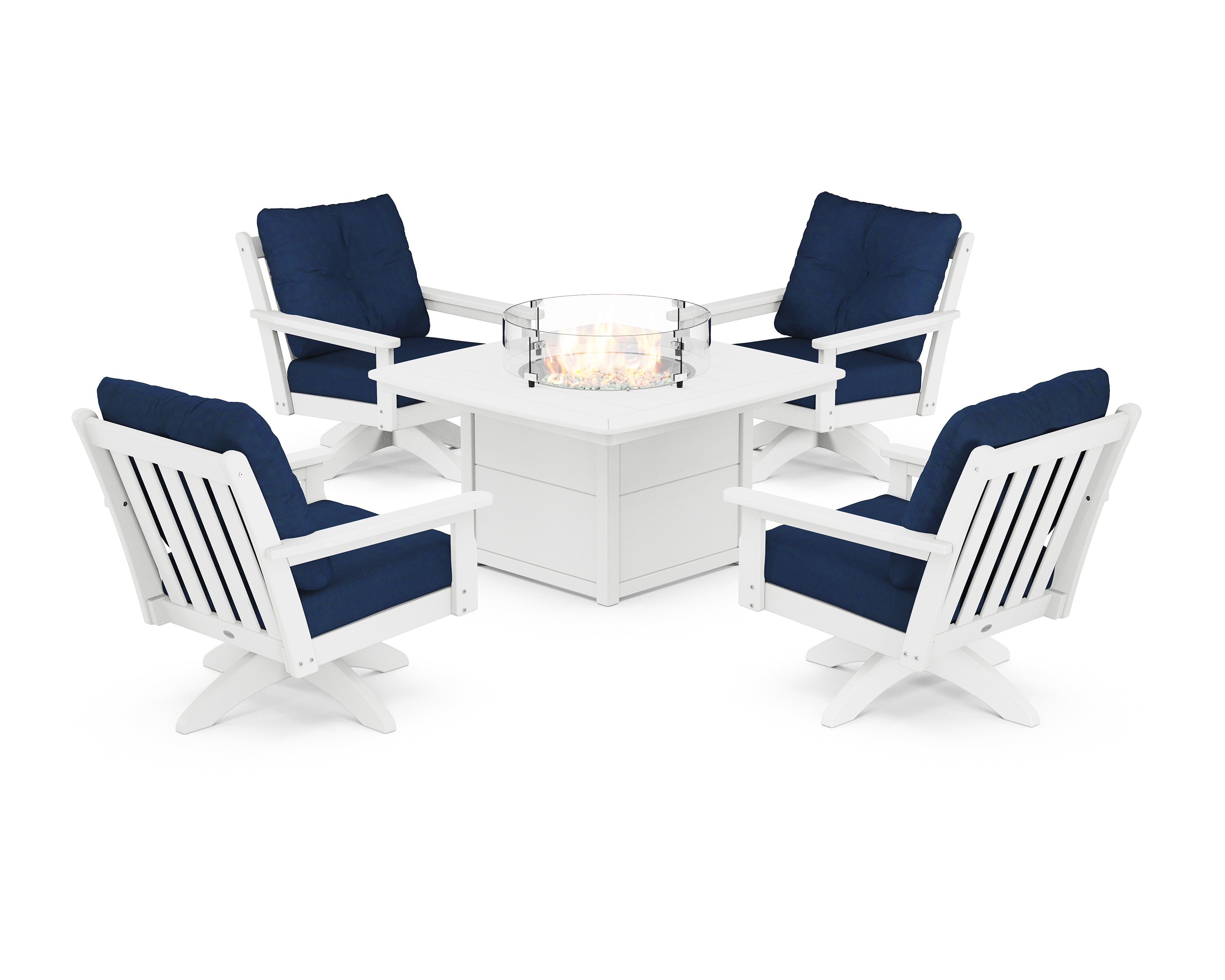 POLYWOOD® Vineyard 5-Piece Deep Seating Swivel Conversation Set with Fire Pit Table in White / Navy