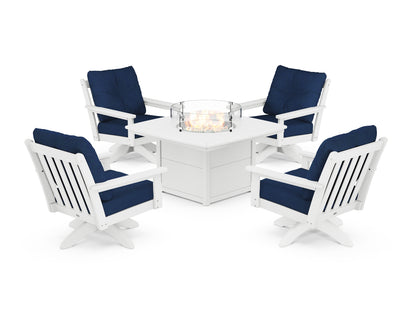 POLYWOOD® Vineyard 5-Piece Deep Seating Swivel Conversation Set with Fire Pit Table in White / Navy