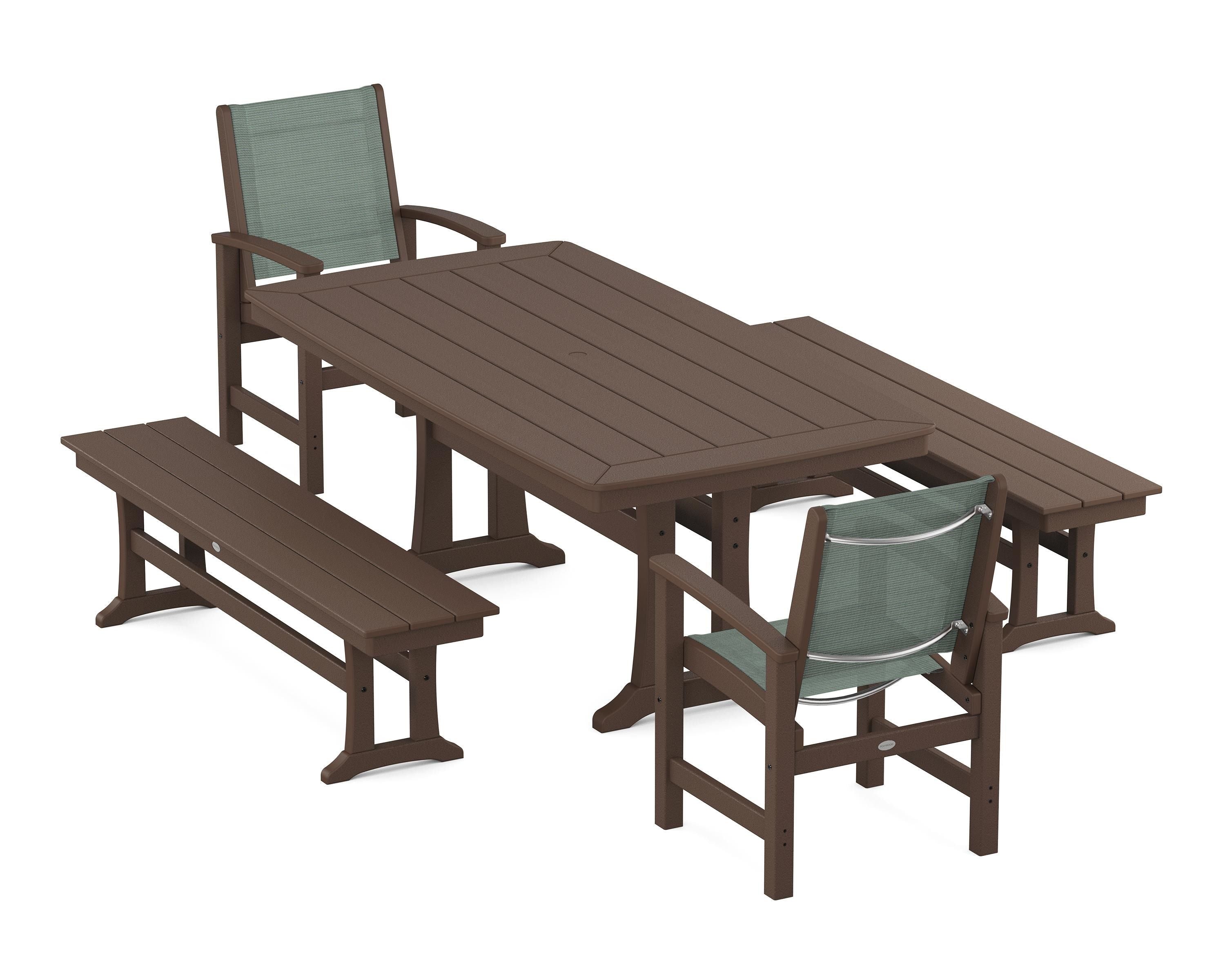 POLYWOOD® Coastal 5-Piece Dining Set with Trestle Legs and Benches in Mahogany / Dupioni Sea Mist Sling