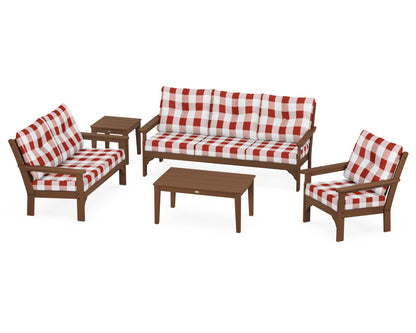 POLYWOOD® Vineyard 5 Piece Deep Seating Set in Teak / Buffalo Plaid Crimson