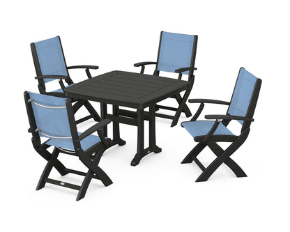 POLYWOOD® Coastal Folding Chair 5-Piece Dining Set with Trestle Legs in Black / Poolside Sling