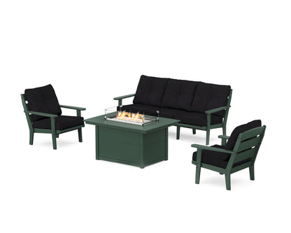 POLYWOOD® Lakeside Deep Seating Fire Pit Table Set in Green / Midnight Linen