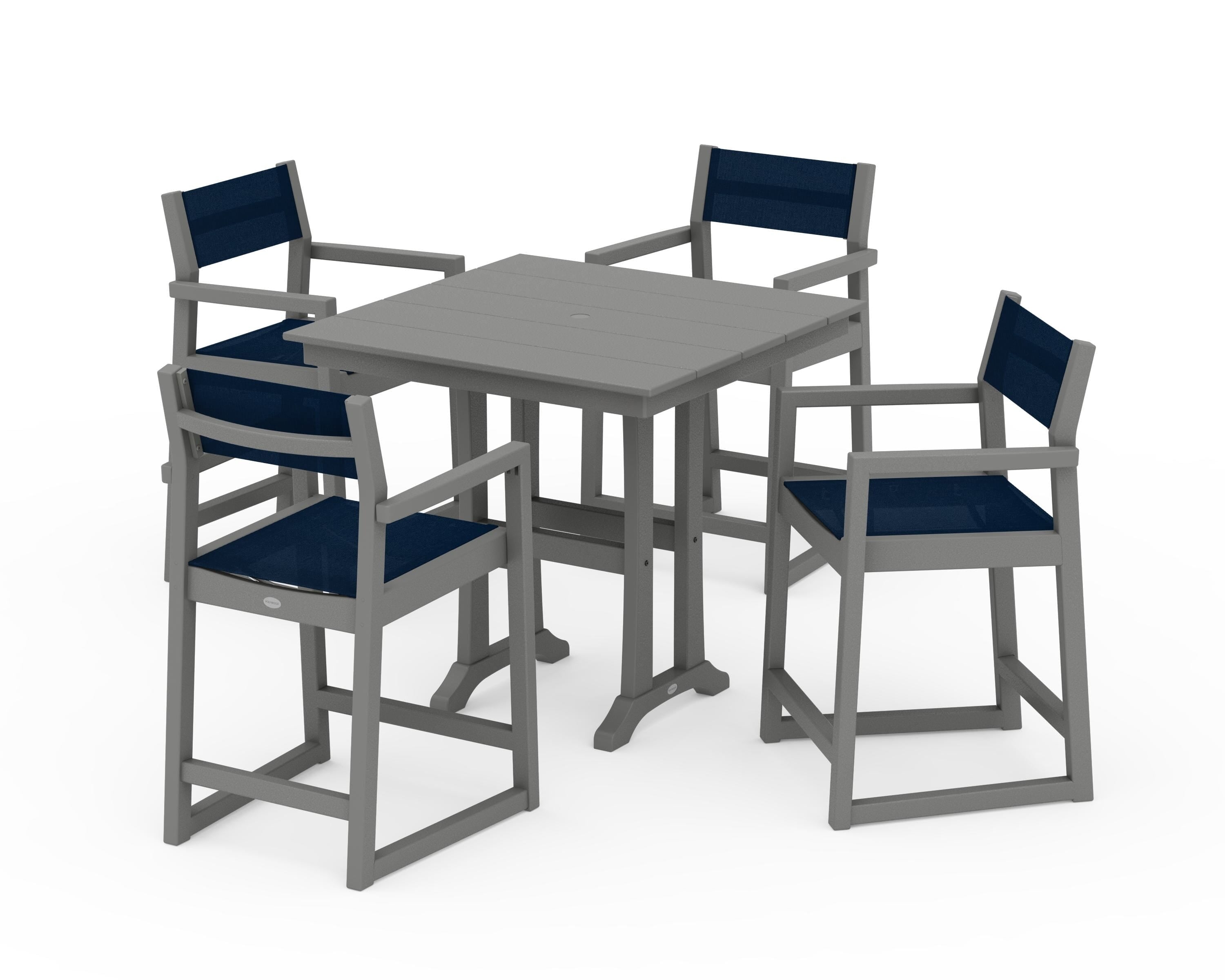 POLYWOOD® EDGE Sling Arm Chair 5-Piece Farmhouse Counter Set with Trestle Legs in Slate Grey / Navy Blue Sling