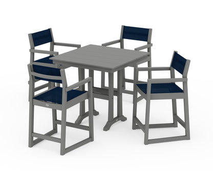 POLYWOOD® EDGE Sling Arm Chair 5-Piece Farmhouse Counter Set with Trestle Legs in Slate Grey / Navy Blue Sling