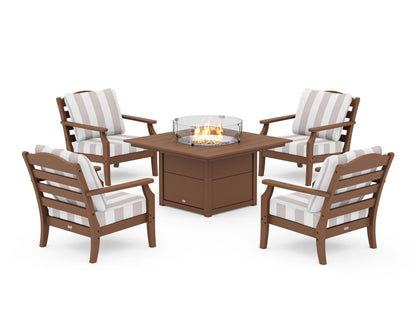 Draper James™ by  POLYWOOD® Savannah 5-Piece Deep Seating Set with Fire Pit Table in Teak / Cabana Stripe Dune Burlap