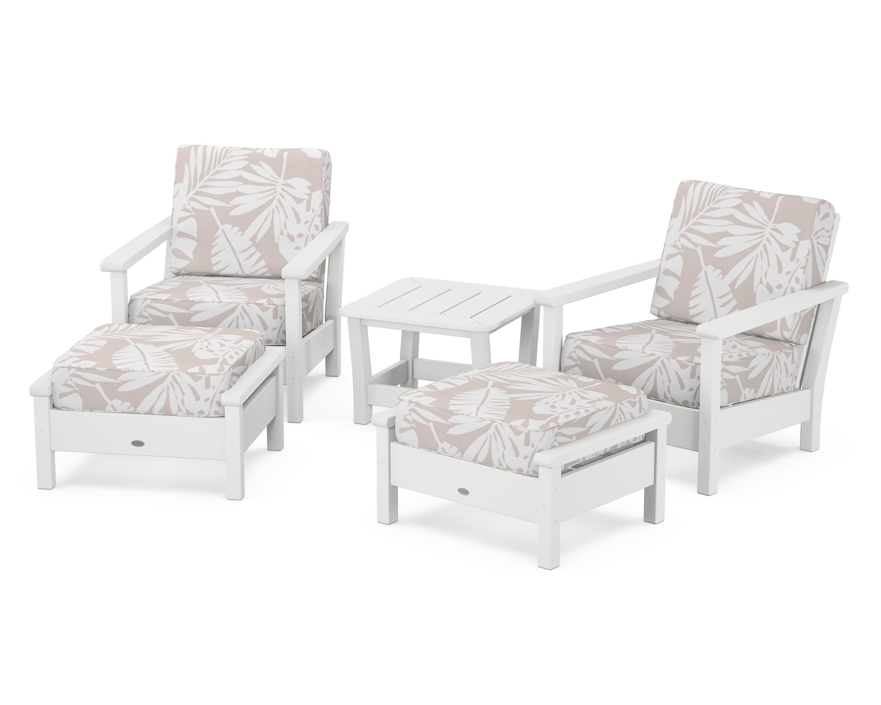 POLYWOOD® Harbour 5-Piece Deep Seating Chair Set in White / Leaf Dune Burlap