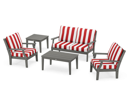 POLYWOOD® Braxton 5-Piece Deep Seating Set in Slate Grey / Cabana Stripe Crimson