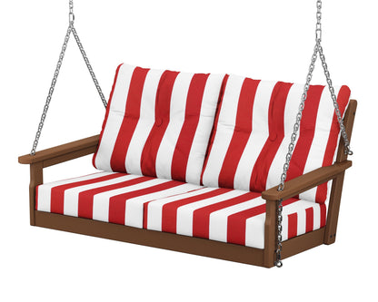 POLYWOOD® Vineyard Deep Seating Swing in Teak / Cabana Stripe Crimson