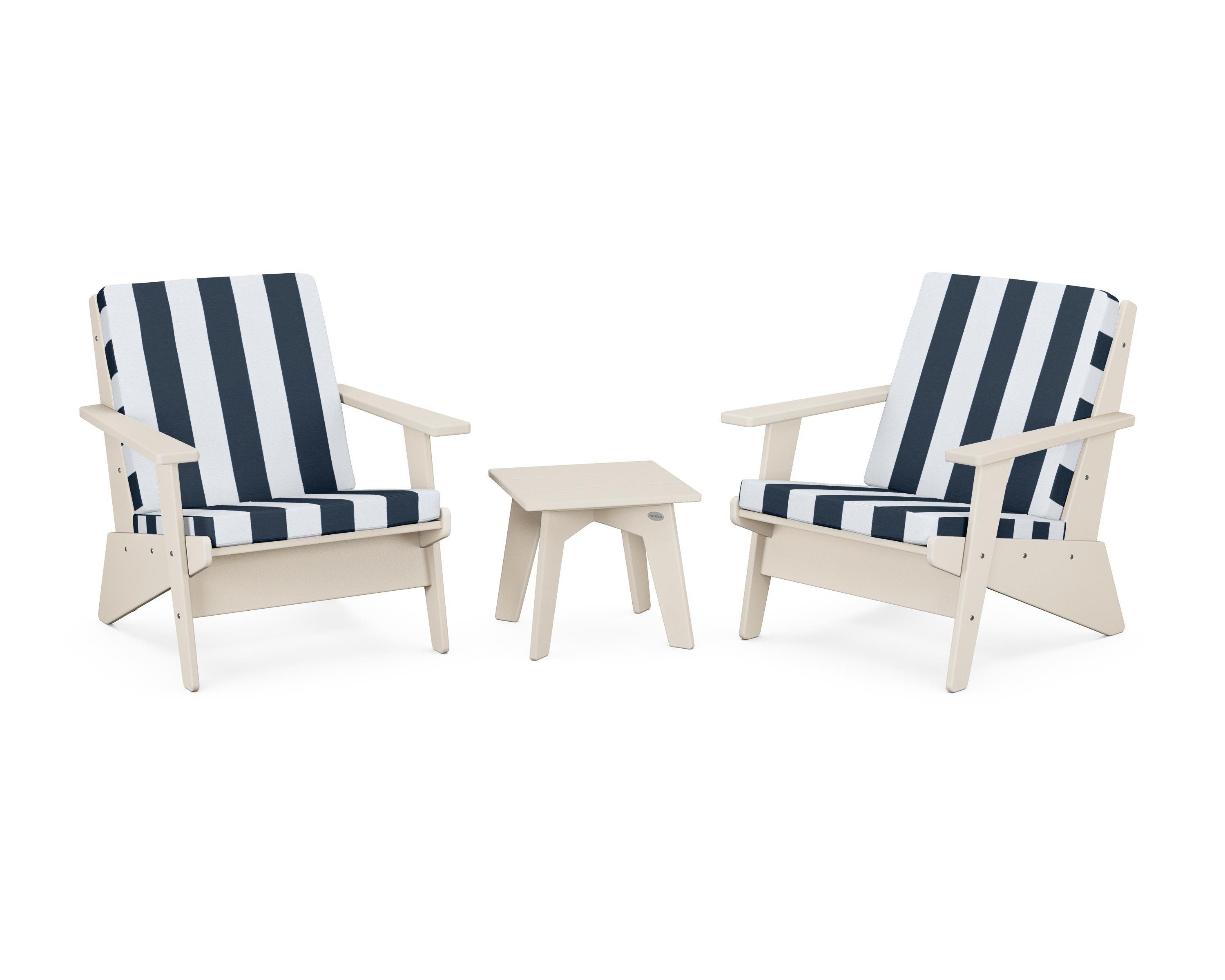 POLYWOOD® Riviera Modern Lounge 3-Piece Set in Sand / Cabana Stripe Marine Indigo