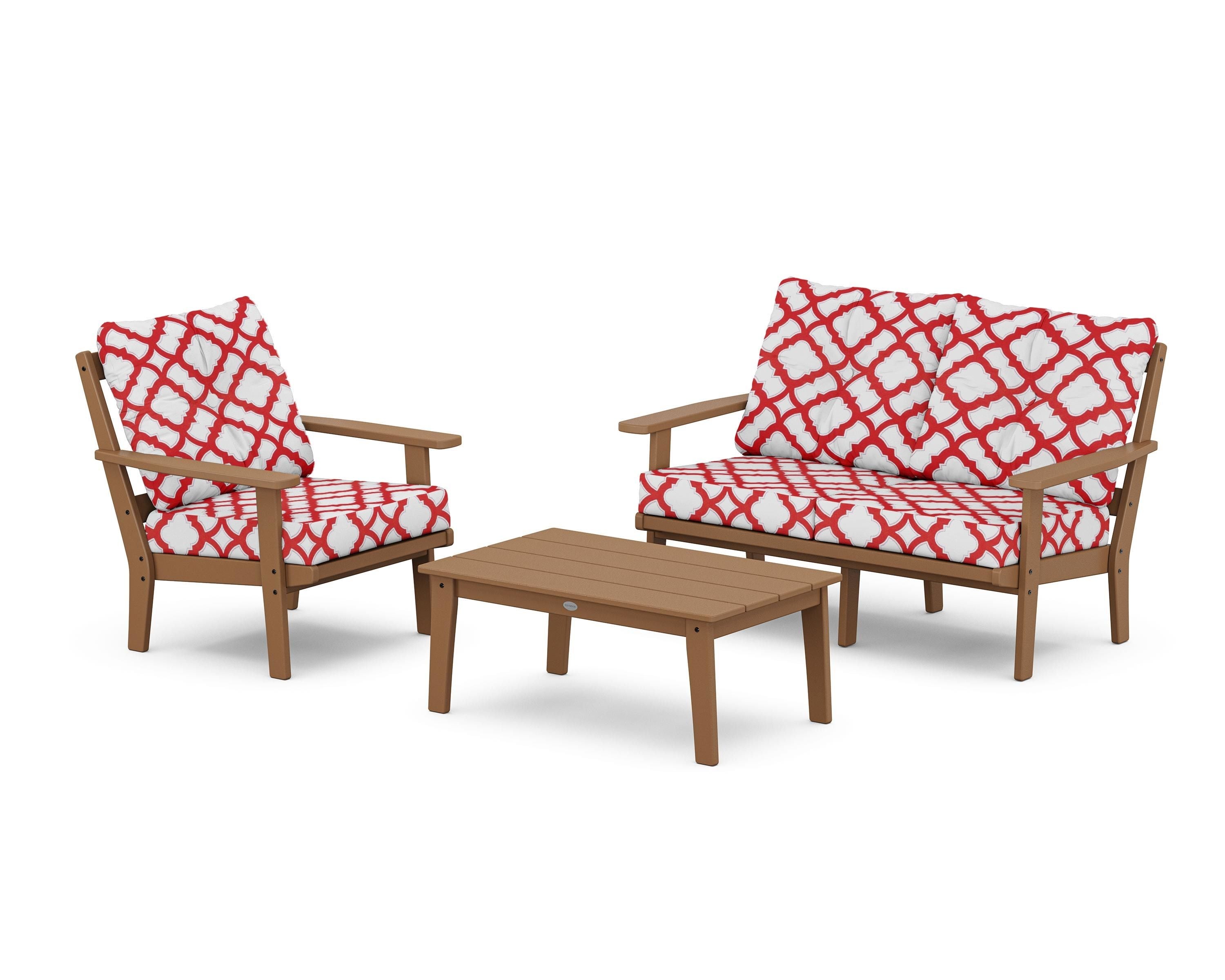 POLYWOOD® Prairie 3-Piece Deep Seating Set with Loveseat in Teak / Trellis Crimson