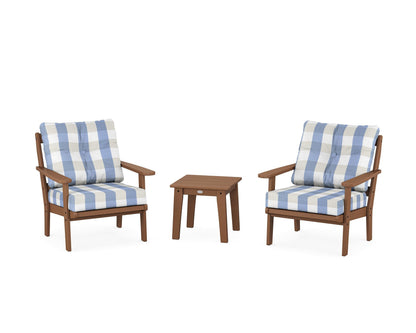 POLYWOOD® Mission 3-Piece Deep Seating Set in Teak / Buffalo Plaid Sky Blue