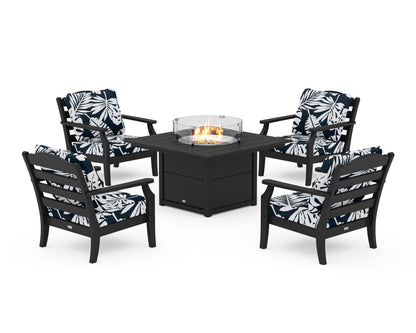 Draper James™ by  POLYWOOD® Savannah 5-Piece Deep Seating Set with Fire Pit Table in Black / Leaf Marine Indigo