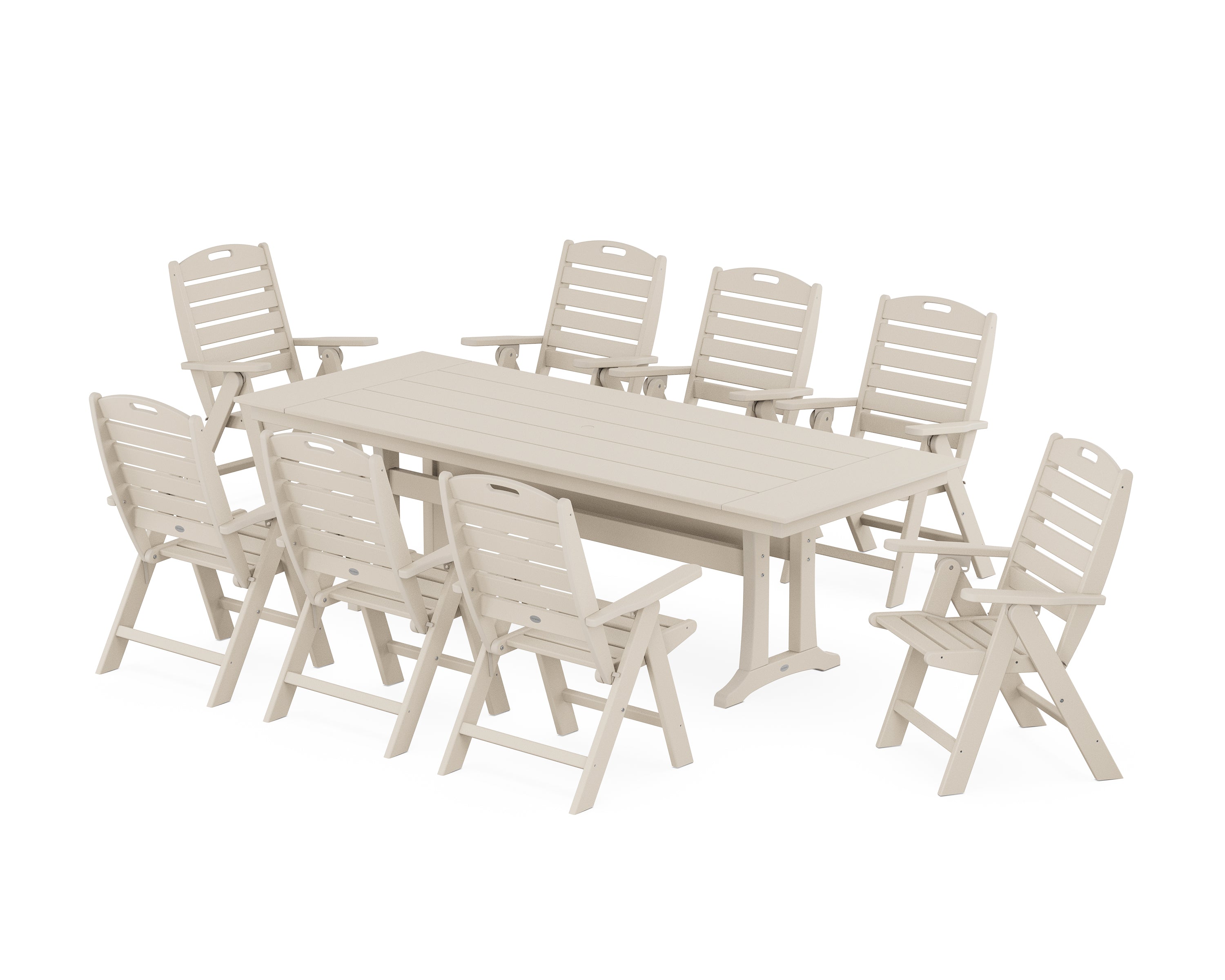 POLYWOOD® Nautical Highback 9-Piece Farmhouse Dining Set with Trestle Legs in Sand