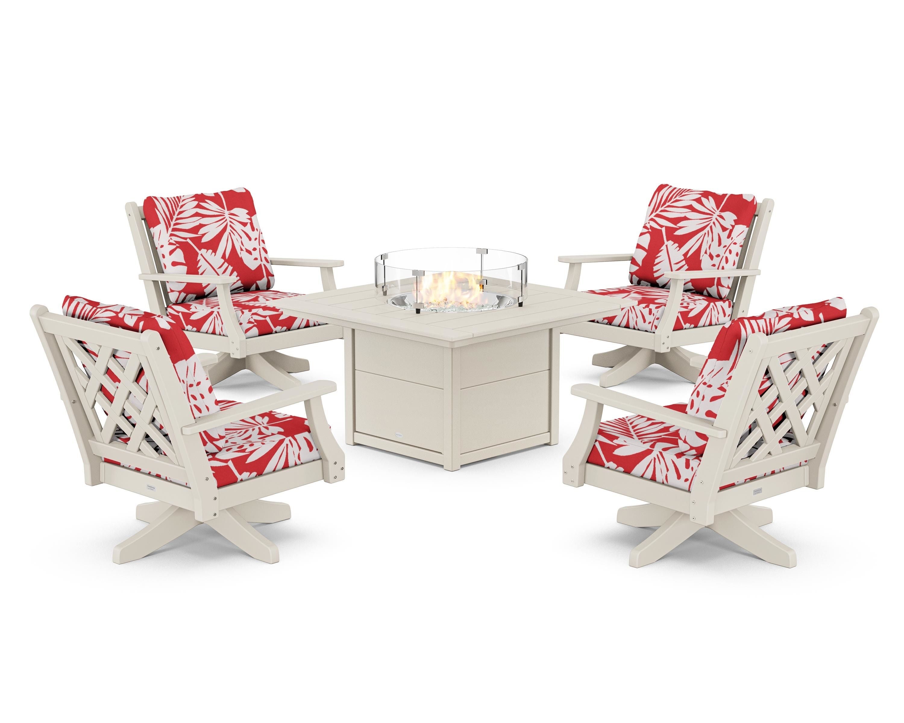 Country Living Wovendale 5-Piece Deep Seating Swivel Conversation Set with Fire Pit Table in Sand / Leaf Crimson