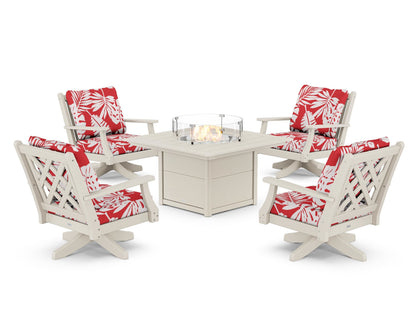 Country Living Wovendale 5-Piece Deep Seating Swivel Conversation Set with Fire Pit Table in Sand / Leaf Crimson